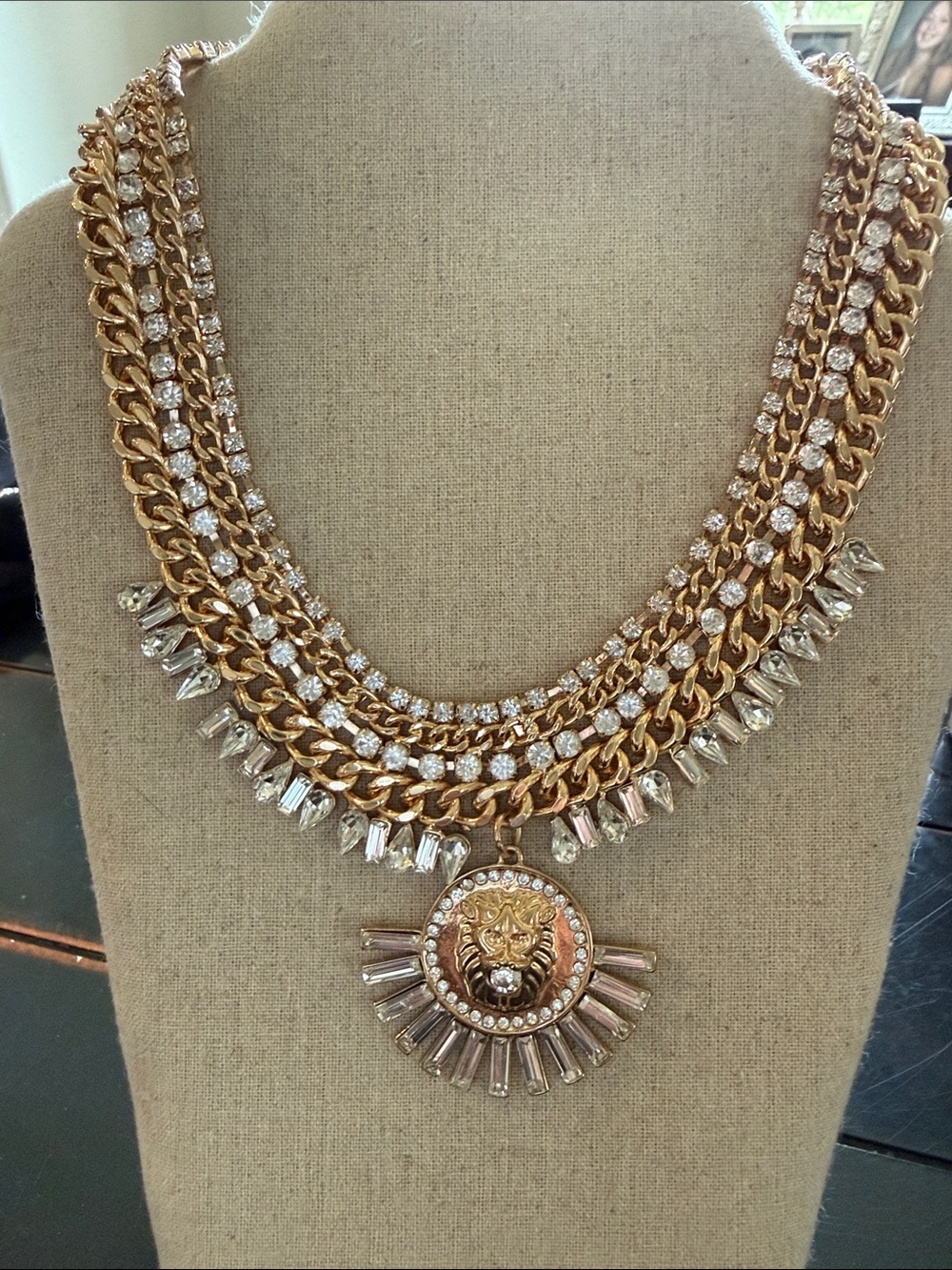 Gold-Tone Layered Chain Necklace with Lion Medallion Pendant